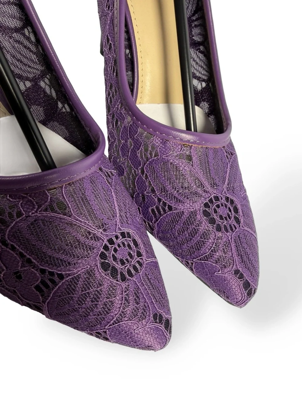 Purple Lace Pointed-Toe Ankle-Strap Heels